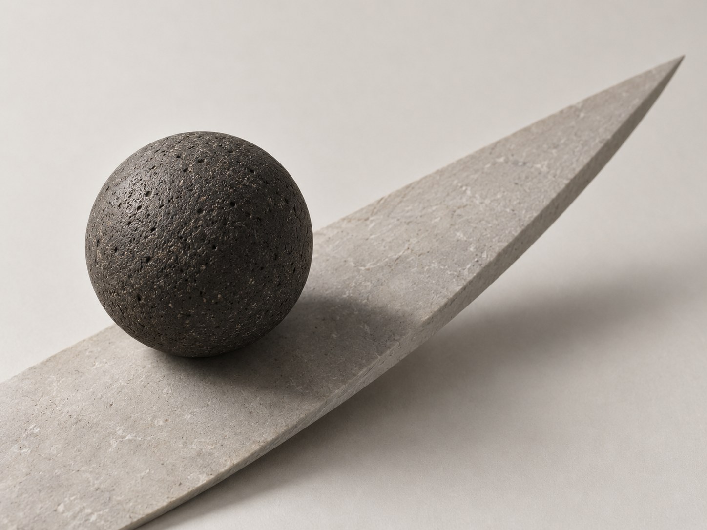 A dark stone ball resting on a pale stone blade, seen from above and to one side.